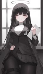 Rule 34 | 1girl, absurdly long hair, ahr tato, black hair, black jacket, black pantyhose, black skirt, blazer, blue archive, blunt bangs, blurry, blurry background, blush, breasts, bright pupils, clothes lift, commentary, cowboy shot, hair ornament, hairclip, halo, highres, holding, holding tablet pc, holster, id card, indoors, jacket, large breasts, lifting own clothes, long hair, looking at viewer, pantyhose, pleated skirt, red eyes, rio (blue archive), serious, skirt, skirt lift, solo, sweater, tablet pc, thigh holster, thigh strap, turtleneck, turtleneck sweater, very long hair, white pupils, white sweater