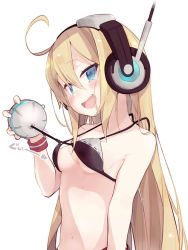 Rule 34 | 1girl, :d, ahoge, albacore (azur lane), azur lane, bare shoulders, bikini, bikini top only, black bikini, blonde hair, blue eyes, breasts, cleavage, collarbone, commentary request, fang, hair between eyes, head tilt, headset, highres, long hair, looking at viewer, midriff, navel, open mouth, pulled by self, pulling, salamander (hop-step), sidelocks, simple background, smile, solo, swimsuit, translation request, white background