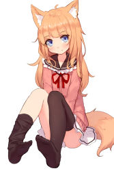 Rule 34 | 1girl, ahoge, animal ear fluff, animal ears, black thighhighs, blonde hair, blue eyes, blush, cat ears, cat tail, full body, highres, long hair, long sleeves, looking at viewer, no shoes, original, school uniform, shone, simple background, sketch, skirt, smile, solo, tail, thighhighs, thighhighs pull, white background