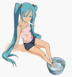 Rule 34 | 1girl, alternate costume, aqua eyes, aqua hair, arm support, arms behind back, bare shoulders, barefoot, breasts, camisole, eating, food, from above, full body, hair between eyes, hair ornament, half-closed eyes, hatsune miku, legs, long hair, looking at viewer, mouth hold, polka dot, popsicle, rato, shadow, short shorts, shorts, simple background, sitting, small breasts, soaking feet, solo, sweat, tub, twintails, very long hair, vocaloid, washbowl, water, white background