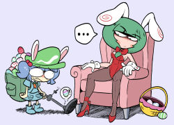 Rule 34 | ..., 2girls, animal ears, annoyed, backpack, bag, blue background, blue dress, blue hair, bow, bowtie, carrot necklace, dress, easter, easter egg, egg, green bag, green hair, high heels, jewelry, kagiyama hina, kawashiro nitori, kevin arthur, leotard, looking at another, multiple girls, necklace, nervous, playboy bunny, rabbit ears, red bow, red bowtie, red footwear, red leotard, spoken ellipsis, toon (style), touhou, wide-eyed