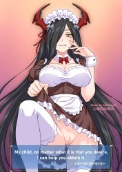 Rule 34 | 1girl, alternate costume, apron, artist name, azur lane, black hair, breasts, burbur, character name, cleft of venus, clothes lift, commentary, dress, english commentary, english text, friedrich der grosse (azur lane), from below, hair ornament, hair over one eye, hand to own mouth, horn ornament, horns, lifted by self, lips, long hair, looking at viewer, looking down, maid, maid apron, maid headdress, mechanical horns, no panties, panties, pantyshot, red horns, ribbon, skirt, skirt lift, smile, solo, standing, thighhighs, underwear, upskirt, waist apron, watermark, white apron, white thighhighs, yellow eyes