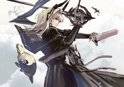 1girl arknights asymmetrical_dual_wielding black_dress black_shirt cloud cloudy_sky commentary_request cowboy_shot cross cross_earrings dragon dress dual_wielding earrings gloves grey_eyes grey_gloves gun hair_intakes handgun head_wings highres holding holding_gun holding_sword holding_weapon irene_(arknights) irene_(the_adjudicatrix_and_her_resolve)_(arknights) jewelry latin_cross nanataru10 official_alternate_costume opah_(moonfish) partial_commentary revision shirt simple_bird sky solo sword twitter_username weapon white_hair wings