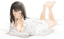 Rule 34 | 1girl, :d, ^ ^, ass, bare legs, barefoot, black hair, blush, bottomless, breasts, cleavage, closed eyes, collarbone, commentary request, facing viewer, feet, feet up, full body, grin, highres, large breasts, long hair, long sleeves, lying, naked shirt, no bra, off shoulder, on stomach, open mouth, original, shirt, single bare shoulder, smile, soles, solo, teeth, the pose, toes, v-shaped eyebrows, white shirt, yuu (yuu ammy)