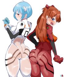 Rule 34 | 2girls, ahoge, angry, ass, ass-to-ass, ayanami rei, blue background, blue eyes, blue hair, blush, bodysuit, breasts, cowboy shot, evangelion: 2.0 you can (not) advance, hair between eyes, half-closed eyes, highres, hip focus, huge ass, interface headset, lightsource, long hair, looking at viewer, looking back, multiple girls, neon genesis evangelion, parted bangs, plugsuit, rebuild of evangelion, red eyes, red hair, see-through, simple background, skin tight, souryuu asuka langley, standing, thighs, two side up, v-shaped eyebrows, white background