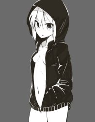 Rule 34 | 1girl, breasts, character request, cleavage, coat, dosu (doseven), hands in pocket, jacket, looking at viewer, monochrome, naked coat, navel, simple background, source request, tomboy