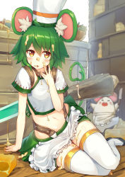 Rule 34 | 10s, 1girl, absurdres, ahoge, animal, animal ears, apron, arm support, belt buckle, bowl, buckle, cheese, chef hat, collar, crop top, food, food on body, food on face, full body, green hair, green skirt, hair between eyes, hand on own face, hat, heart, heart-shaped pupils, heart tail, highres, indoors, ketchup, kitchen, knife, last period, licking, looking at viewer, midriff, mouse (animal), mouse ears, mouse tail, navel, orange eyes, ratte (last period), ruma imaginary, shelf, shoes, short hair, sitting, skirt, solo, symbol-shaped pupils, tail, thighhighs, tongue, tongue out, weapon, white thighhighs, wooden floor, yokozuwari