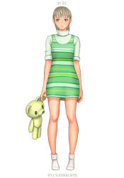 Rule 34 | 1girl, blonde hair, dress, female focus, full body, ryu (ryu&#039;s form site), short hair, simple background, socks, solo, standing, striped clothes, striped dress, stuffed animal, stuffed toy, teddy bear, white background