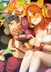 Rule 34 | 1girl, 3boys, :q, animal ear headphones, animal ears, bare legs, blue shorts, breasts, brown hair, cat ear headphones, character name, cleavage, collarbone, facial scar, fake animal ears, green hair, green headwear, grin, handheld game console, headphones, headset, highres, long hair, long nose, medium breasts, microphone, monkey d. luffy, multiple boys, nami (one piece), oekakiboya, one piece, open mouth, pants, pointy ears, red pants, roronoa zoro, scar, scar on cheek, scar on face, shirt, short hair, short shorts, shorts, shoulder tattoo, sleeveless, sleeveless shirt, smile, spoilers, tattoo, tongue, tongue out, usopp, white shirt