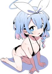 Rule 34 | 1girl, absurdres, all fours, arona (blue archive), bad id, bad twitter id, barefoot, bikini, black bikini, blue archive, blue eyes, blue hair, braid, breasts, collarbone, flamberge lo, full body, hair between eyes, hairband, halo, highres, long hair, looking at viewer, multicolored hair, open mouth, pink hair, simple background, small breasts, solo, swimsuit, two-tone hair, white background, white hairband