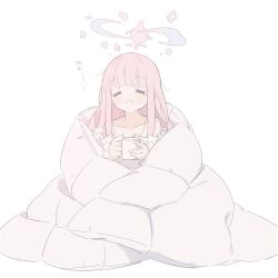 Rule 34 | 1girl, = =, blue archive, blush, closed eyes, collarbone, commentary, cup, facing viewer, halo, holding, holding cup, kii (kiiui), long hair, long sleeves, mika (blue archive), open mouth, pink hair, pink halo, simple background, sleepy, solo, translation request, white background