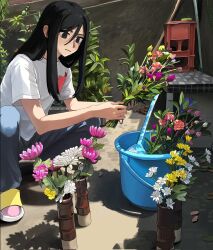 1girl black_eyes black_hair black_pants flower highres long_hair obon obon_(ensoku_300en) original pants plant potted_plant shirt short_sleeves solo white_shirt