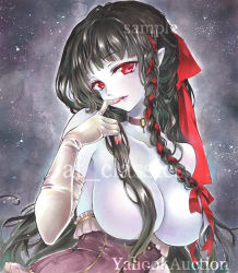 Rule 34 | 1girl, artist name, at classics, bad id, black hair, blue skin, bow, braid, breasts, choker, colored skin, elbow gloves, finger to mouth, gloves, hair bow, hair censor, hair over breasts, large breasts, long hair, looking at viewer, original, parted lips, red bow, red eyes, sample watermark, side braid, sidelocks, single braid, solo, traditional media, upper body, watermark, white gloves