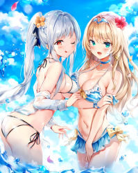 Rule 34 | 2girls, :d, ;q, ak-12 (girls&#039; frontline), an-94 (girls&#039; frontline), ass, bikini, bikini skirt, blonde hair, blue bikini, blue eyes, blue sky, blush, braid, breasts, cleavage, closed mouth, cloud, commentary, day, french braid, frilled bikini, frills, girls&#039; frontline, hairband, highres, large breasts, long hair, looking at viewer, medium breasts, multiple girls, narae, navel, ocean, off shoulder, one eye closed, open mouth, outdoors, red eyes, ribbon, shirt, side-tie bikini bottom, sidelocks, silver bikini, silver hair, sky, smile, stomach, swimsuit, thighs, tongue, tongue out, very long hair, wading, white shirt
