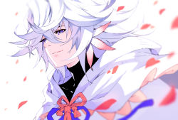 Rule 34 | 1boy, ahoge, bishounen, center frills, fate/grand order, fate (series), flower, flower knot, frills, hair between eyes, hair ornament, hood, hood down, hooded robe, light smile, long hair, looking to the side, male focus, merlin (fate), multicolored hair, petals, pink ribbon, purple eyes, ribbon, robe, sho (gohan), simple background, smile, solo, tassel, turtleneck, two-tone hair, upper body, very long hair, white background, white hair, white robe