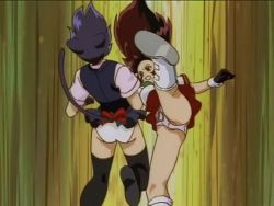 Rule 34 | 00s, 2girls, animal ears, animated, ass, battle, breasts, brown hair, cat ears, cat girl, cat tail, clenched teeth, collar, dress, falling, fighting, gloves, inaba mikami, kicking, koshka, large breasts, long hair, looking at another, looking to the side, miniskirt, multiple girls, panties, pleated skirt, rabbit ears, red eyes, school uniform, serafuku, short hair, skirt, standing, tail, teeth, thighhighs, underwear, usagi-chan de cue, very long hair, video, white panties, wide hips, yellow eyes, zettai ryouiki