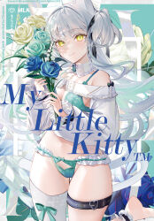 Rule 34 | 1girl, animal ears, bare shoulders, bouquet, breasts, cat ears, cat tail, english text, flower, grey hair, highres, kawachi rin, long hair, long sleeves, looking at viewer, medium breasts, off shoulder, original, panties, puffy long sleeves, puffy sleeves, rose, single thighhigh, smile, solo, tail, thigh gap, thigh strap, thighhighs, thighs, underwear, very long hair, yellow eyes