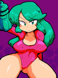Rule 34 | 1girl, :/, alternate eye color, alternate hair color, arm behind back, arm cannon, arm up, blush, breasts, covered erect nipples, cowboy shot, curvy, green eyes, green hair, image sample, justin bailey, kurohaneco, large breasts, legs apart, leotard, long hair, matching hair/eyes, metroid, metroid (classic), nintendo, parted bangs, purple background, samus aran, solo, thick thighs, thighs, varia suit, weapon