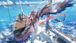 Rule 34 | 1boy, 1girl, artist request, bird, blue sky, boat, braid, cloud, coin, digitigrade, dislyte, earrings, flying, furry, furry male, furry with non-furry, highres, interspecies, island, jewelry, liam (xolotl) (dislyte), looking at another, looking back, multicolored hair, muzzle, non-web source, ocean, official art, pink hair, sail, siblings, sky, spikes, valeria (quetzalcoatl) (dislyte), watercraft, waves