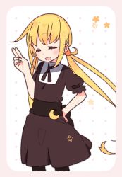 Rule 34 | alternate costume, blonde hair, crescent, crescent pin, enmaided, closed eyes, framed image, hand on own hip, kantai collection, long hair, maid, open mouth, satsuki (kancolle), smile, solo, twintails, yoru nai