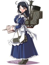 Rule 34 | 10s, 1girl, alternate costume, apron, black hair, blue dress, breasts, cannon, dress, enmaided, kantai collection, large breasts, long hair, machinery, maid, maid apron, maid headdress, open mouth, smokestack, solo, tatsumi ray, torpedo, turret, ushio (kancolle)