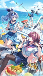 Rule 34 | 1boy, 2girls, absurdres, alternate costume, apple, apple slice, bird, blade (honkai: star rail), blue sky, boat, bottle, breasts, cloud, cocktail glass, cup, drill hair, drill ponytail, drinking glass, eyewear on head, fishing rod, food, fruit, grey eyes, grey hair, heart, heart-shaped eyewear, highres, holding, holding fishing rod, honkai: star rail, honkai (series), kafka (honkai: star rail), kongzao, martini, midriff, multiple girls, ocean, pantyhose, pineapple, purple hair, school uniform, seabird, seagull, serafuku, silver wolf (honkai: star rail), sky, watercraft, watermelon, watermelon slice