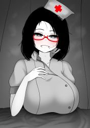 Rule 34 | 1girl, absurdres, aiuno (the only shoe), bed sheet, blush, breast rest, breasts, curtains, glasses, greyscale, hand on own chest, hat, heart, heart-shaped pupils, highres, huge breasts, large breasts, looking at viewer, monochrome, naughty face, nurse, nurse cap, original, red-framed eyewear, smile, solo, steaming body, sweat, symbol-shaped pupils, the only shoe, upper body