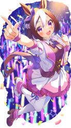 Rule 34 | 1girl, :d, absurdres, animal ears, ankle boots, bob cut, boots, bow, breasts, brown hair, commentary, confetti, foreshortening, full body, hair between eyes, hair bow, high heel boots, high heels, highres, horse ears, horse girl, horse tail, jacket, leg up, light stick, looking at viewer, medium breasts, miniskirt, multicolored hair, neck ribbon, open clothes, open jacket, open mouth, pointing, purple bow, purple eyes, purple ribbon, purple wristband, ribbon, short hair, skirt, smile, solo, special week (umamusume), streaked hair, tail, thighhighs, umamusume, white hair, white jacket, white skirt, white thighhighs, wotagei, wristband, yupiteru