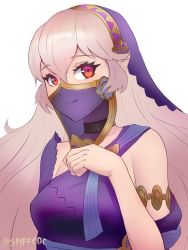 Rule 34 | 1girl, alternate costume, asymmetrical sleeves, closed mouth, corrin (female) (fire emblem), corrin (fire emblem), fire emblem, fire emblem fates, fire emblem heroes, highres, long hair, mouth veil, nintendo, pointy ears, red eyes, simple background, solo, spiffydc, twitter username, uneven sleeves, upper body, veil, white background, white hair