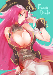 Rule 34 | 10s, 1girl, aqua eyes, bare shoulders, blue background, breasts, character name, choker, cleavage, coat, fate/extra, fate/grand order, fate (series), francis drake (fate), hat, large breasts, long hair, pants, pink hair, scar, smile