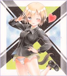 Rule 34 | 1girl, ;d, arm up, bad id, bad pixiv id, blonde hair, blue eyes, blush, bomber jacket, boots, brown hair, colored pencil (medium), erica hartmann, grey panties, hand on own hip, heart, jacket, leg up, looking at viewer, marker (medium), multicolored hair, no socks, one eye closed, open mouth, panties, potto, sample watermark, short hair, smile, solo, streaked hair, strike witches, tail, thighs, traditional media, two-tone hair, underwear, watermark, world witches series