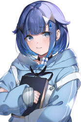 Rule 34 | 1girl, absurdres, blue eyes, blue hair, blue jacket, blush, book, commentary request, gem hair ornament, hair flaps, highres, holding, holding book, hood, hood down, hooded jacket, hugging book, hugging object, jacket, long sleeves, looking at viewer, pout, puffy long sleeves, puffy sleeves, ringozeri, short hair, simple background, sleeves past wrists, solo, tsumugi kokage, upper body, virtual youtuber, vspo!, water drop hair ornament, white background