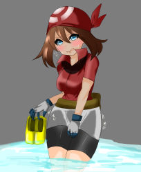 Rule 34 | 1girl, absurdres, bandana, between legs, bike shorts, blue eyes, blush, breasts, brown hair, creatures (company), embarrassed, fanny pack, female focus, game freak, gloves, grey background, hair between eyes, hand between legs, hat, have to pee, highres, holding, japanese text, may (pokemon), medium breasts, nintendo, open mouth, partially submerged, pokemon, pokemon rse, red hat, red shirt, shinku no me, shirt, shoes, short sleeves, simple background, solo, standing, sweat, talking, translation request, unworn shoes, wading, wet, wet clothes, yellow footwear
