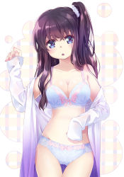 1girl, 54hao, :o, bangs, bare shoulders, black hair, blue bra, blue eyes, blue panties, bow, bow bra, bow panties, bra, breasts, cleavage, collarbone, commentary request, cowboy shot, eyebrows visible through hair, hair between eyes, hand up, highres, long hair, long sleeves, looking at viewer, medium breasts, navel, off shoulder, one side up, open clothes, open shirt, original, panties, parted lips, plaid, plaid background, shirt, sleeves past fingers, sleeves past wrists, solo, standing, thigh gap, underwear, white background, white shirt