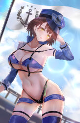 Rule 34 | 1girl, absurdres, arm behind head, arm up, azur lane, baltimore (azur lane), baltimore (finish line flagbearer) (azur lane), bikini, black bikini, blue bikini, blue footwear, blue hat, blue jacket, blue shorts, blue sky, boots, braid, breasts, brown hair, chest harness, chinese commentary, choker, cleavage, cloud, collarbone, commentary request, condom, cowboy shot, cropped jacket, day, detached sleeves, flag, french braid, hair between eyes, harness, hat, head tilt, highleg, highleg bikini, highres, holding, holding pole, jacket, koinowana, large breasts, lens flare, looking at viewer, micro shorts, mismatched bikini, mixed-language commentary, navel, official alternate costume, parted lips, pole, race queen, short hair, shorts, sidelocks, single bare shoulder, single detached sleeve, single sleeve, skindentation, sky, solo, standing, stomach, sweat, swimsuit, thigh boots, underboob, used condom, yellow eyes