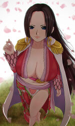 Rule 34 | 1girl, black hair, blue eyes, boa hancock, breasts, cleavage, collarbone, earrings, feet, fingernails, forehead, highres, hiyozuki, jewelry, large breasts, lips, looking at viewer, navel, no shoes, one piece, solo, stomach, thighs, toes