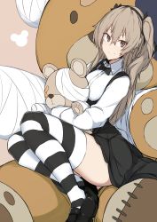 Rule 34 | 1girl, absurdres, animal print, bandages, bear print, black bow, black bowtie, black footwear, black ribbon, black skirt, black thighhighs, boko (girls und panzer), bow, bowtie, brown eyes, casual, closed mouth, collared shirt, commentary, girls und panzer, hair ribbon, high-waist skirt, highres, holding, holding stuffed toy, legs, light brown hair, long hair, long sleeves, looking at viewer, mary janes, miniskirt, nanakaku, one side up, oversized object, ribbon, shimada arisu, shirt, shoes, sitting, skirt, smile, solo, striped clothes, striped thighhighs, stuffed animal, stuffed toy, suspender skirt, suspenders, teddy bear, thighhighs, white shirt