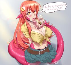 Rule 34 | 1girl, arms behind back, artist name, belt, belt buckle, blush, breasts, buckle, cleavage, collarbone, dessert, dripping, english text, food, forked tongue, grey background, hair between eyes, hair ornament, hairclip, heart, highres, ice cream, lamia, large breasts, licking, long hair, long tongue, looking at viewer, melting, midriff, miia (monster musume), miniskirt, monster girl, monster musume no iru nichijou, navel, open mouth, own hands together, plasmid, pointy ears, red hair, saliva, scales, sexually suggestive, shirt, sidelocks, simple background, skirt, slit pupils, solo, speech bubble, stomach, tail, text focus, tied shirt, tongue, tongue out, yellow eyes, yellow shirt