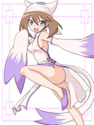 Rule 34 | 1girl, bare legs, bare shoulders, blue eyes, breasts, brown hair, china dress, chinese clothes, cosplay, covered erect nipples, creatures (company), dress, game freak, gen 5 pokemon, hat, looking at viewer, macro (macroo), may (pokemon), mienshao, mienshao (cosplay), nintendo, pokemon, pokemon bw, pokemon rse, sideboob, solo, twintails, yuu-&gt; (macro)