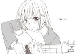 Rule 34 | 1girl, absurdres, blush, closed mouth, commentary, greyscale, guitar, hair behind ear, hair between eyes, highres, holding, holding guitar, holding instrument, instrument, kashikaze, long sleeves, looking at viewer, love live!, love live! superstar!!, monochrome, shibuya kanon, sidelocks, signature, simple background, smile, solo, translation request, upper body