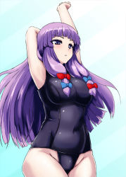 Rule 34 | 1girl, :&lt;, armpits, arms up, blunt bangs, bow, breasts, cowboy shot, female focus, hair bow, impossible clothes, impossible swimsuit, ishimiso (ishimura), large breasts, long hair, no headwear, one-piece swimsuit, patchouli knowledge, purple eyes, purple hair, school swimsuit, sidelocks, solo, stretching, swimsuit, touhou
