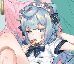 Rule 34 | 1boy, ahoge, arm behind head, blue bow, blue eyes, blue hair, bow, braid, buttons, cookie, crossed legs, double-breasted, eating, expressionless, food, hacka doll, hacka doll 3, long hair, maid headdress, male focus, naoko (naonocoto), pillow, short sleeves, striped, striped bow, thumbprint cookie, trap, unfinished, very long hair