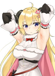 Rule 34 | 1girl, ahoge, armpits, arms behind head, blonde hair, blush, breasts, cape, curled horns, detached sleeves, dress, fur-trimmed dress, fur collar, fur trim, hair ornament, hairclip, highres, hololive, horns, long hair, looking at viewer, m kong, pink cape, pouch, purple eyes, red neckwear, sheep girl, sheep horns, simple background, solo, tsunomaki watame, tsunomaki watame (1st costume), virtual youtuber, white dress
