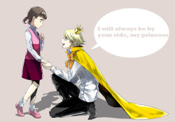 Rule 34 | 1boy, 1girl, atlus, blonde hair, blue eyes, blunt bangs, brown eyes, brown hair, cape, cezaria, crown, doujima nanako, dress, english text, eye contact, hetero, holding hands, kneeling, kuma (persona 4), loafers, looking at another, megami tensei, mini crown, on one knee, persona, persona 4, shin megami tensei, shoes, short twintails, simple background, smile, standing, turtleneck, twintails