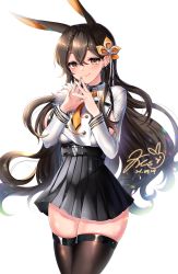 Rule 34 | 1girl, animal ears, azur lane, black hair, black skirt, braid, brown thighhighs, chikuma (azur lane), closed mouth, collared shirt, commentary request, dated, highres, long hair, long sleeves, looking at viewer, nail polish, orange nails, orange neckwear, pleated skirt, shirt, signature, simple background, skirt, smile, solo, steepled fingers, thighhighs, very long hair, white background, white shirt, xes (xes 5377)
