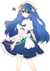 Rule 34 | 1girl, apron, blouse, blue hair, blue skirt, bow, buttons, food-themed hair ornament, frilled apron, frills, hair ornament, highres, hinanawi tenshi, long hair, maid, maid headdress, necono (nyu6poko), peach hair ornament, puffy short sleeves, puffy sleeves, rainbow order, red eyes, shirt, short sleeves, simple background, skirt, solo, sweat, touhou, two side up, white background, white shirt