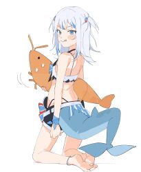 Rule 34 | 1girl, absurdres, animal, bare shoulders, barefoot, belt, bikini, bikini under clothes, bikini under shorts, blue bikini, blue eyes, blush, breasts, ebi-chan (gawr gura), feet, fins, fish tail, front-tie bikini top, front-tie top, gawr gura, hair ornament, hairclip, highleg, highleg bikini, highres, hikkishi, holding, holding animal, hololive, hololive english, hololive summer 2023 swimsuit, kneeling, layered bikini, looking at viewer, looking back, midriff, multicolored hair, official alternate costume, panty straps, shark girl, shark hair ornament, shark tail, short hair, simple background, small breasts, smile, soles, streaked hair, striped bikini, striped clothes, swimsuit, tail, tongue, tongue out, two side up, virtual youtuber, white background, white belt