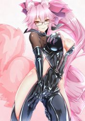 Rule 34 | 1girl, animal ear fluff, animal ears, areola slip, black bodysuit, blush, bodysuit, bow, breasts, center opening, choker, cleavage, fate/grand order, fate (series), fox ears, fox girl, fox tail, glasses, hair between eyes, hair bow, highres, hip vent, koyanskaya (assassin) (first ascension) (fate), koyanskaya (fate), large breasts, long hair, looking at viewer, mrtakenoko, pink bow, pink hair, ponytail, sidelocks, smile, solo, tail, tamamo (fate), thighs, yellow eyes