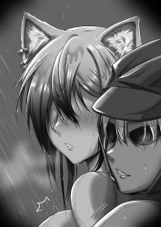 Rule 34 | 1boy, 1girl, absurdres, animal ear fluff, animal ears, arknights, blush, breasts, cat ears, comic, completely nude, doctor (arknights), faceless, faceless female, faceless male, greyscale, hetero, highres, hood, hood up, large breasts, male doctor (arknights), mixed-sex bathing, monochrome, nude, parted lips, saikre, schwarz (arknights), shared bathing, showering, smile, upper body, water, wet