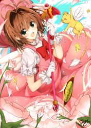 Rule 34 | 1990s (style), 1girl, antenna hair, artist name, bad id, bad pixiv id, blush, bow, bowtie, brown hair, card, cardcaptor sakura, clow card, day, dress, eyebrows, flower, flying, frilled dress, frills, fuuin no tsue, gloves, green eyes, hair between eyes, hat, highres, holding, kero (cardcaptor sakura), kinomoto sakura, looking at viewer, minari (minari37), open mouth, petals, pink dress, pink hat, puffy short sleeves, puffy sleeves, retro artstyle, short hair, short sleeves, sky, smile, star (symbol), tail, wand, white gloves, wind, wings